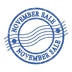 NOVEMBER SALE, text written on blue postal stamp.