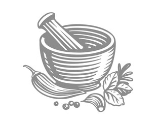 Mortar and spices with Pestle Sketch. - obrazy, fototapety, plakaty