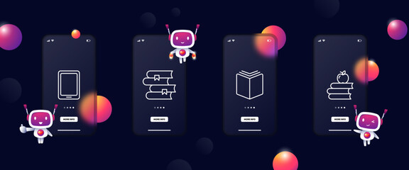 Books set icon. Knowledge, stack, apple, bookmark, textbook, read, reading, paper, electronic, information. Education concept. UI phone app screens. Vector line icon for Business and Advertising