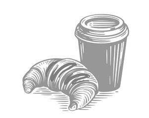 Coffee and croissant engraving vector.