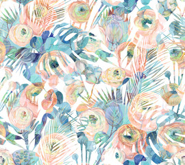 mix watercolor silhouette seamless pattern with Ranunculus roses flowers and protea for textile