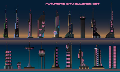 A collection of stylized, futuristic city buildings in a synthwave and cyberpunk aesthetic, featuring neon light accents, abstract shapes, and geometric designs, vector illustration © Mykola