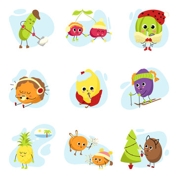 Cartoon fruits and vegetables set. Cute kawaii characters on Christmas vacation. Various winter activities. A collection of mascots for the design of greeting cards, banners, posters.