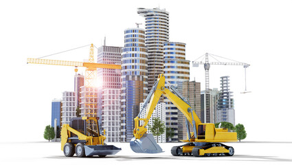 3D render of construction vehicles with a modern city in the background
