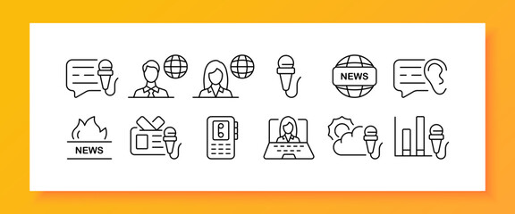 News set icon. TV presenter, release, fire, walkie talkie, laptop, ear, information, weather forecast, microphone, statistics, planet, badge, speech bubble, hostess. Service concept. Vector line icon