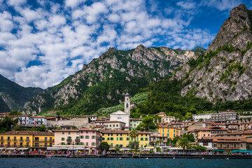 Fototapeta na wymiar Limone sul Garda waterfront view, Lake Garda, Italy