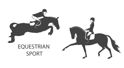 Simple silhouette vector illustration, equestrian, show jumping, dressage