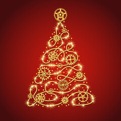Gold christmas tree made of golden wire with gears, sparkles, little scattered stars on a red background in steampunk style.