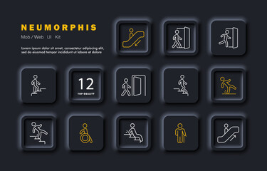 Information signs with people set icon. Walk, disabled, exit, entrance, escalator, stairs, door, run, go up, down, slippery floor, elderly person. Service concept. Neomorphism style. Vector line icon
