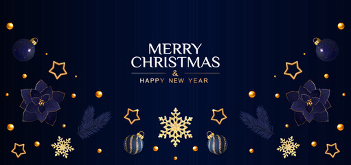 Merry Christmas dark blue banner  with golden stars, poinsettia and snowflakes. Christmas card. Vector Illustration.
