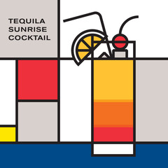 Tequila Sunrise Cocktail in Collins glass with drinking straw, garnished with orange slice and cherry, served with ice cubes. Modern style art with rectangular color blocks. Piet Mondrian style.