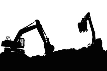 Excavators silhouette are digging the soil in the construction site  isolated  on the  white...