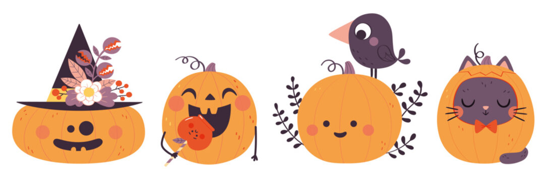 Ensemble de citrouilles d'Halloween dr&ocirc;les et mignonnes