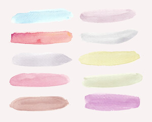 Realistic watercolour paint swatches, ten pastel colours