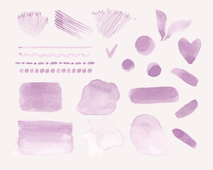 Realistic hand drawn watercolor paint swatches, strokes and design elements in purple color.