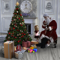 Christmas scene in front of the fireplace with a decorated tree and gifts with a small girl talking to Santa and pointing to the presents 3d illustration