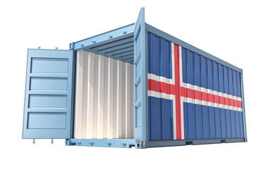 Cargo Container with open doors and Iceland national flag design. 3D Rendering