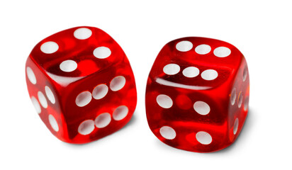 Red dices in midair on white background close up
