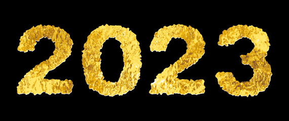 Happy New Year 2023 with brush painted golden texture and glitter text effect. Gold vector illustration background for new year's eve. Template for new year happy wishes. Luxury backdrop for cover.