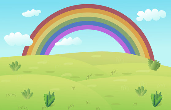 Vector cartoon meadow landscape with grass. Blue sky with white clouds and rainbow. Flat valley landscape. Empty field on sunny summer day. Green hills landscape background, empty glade template.