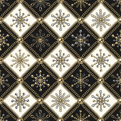 Checkered vintage black and white pattern with snowflakes made of jewelry gold, silver chains. Vector seamless background.