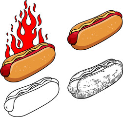 Set of illustration of hot dog with sausage. Fast food. Design element for poster, menu, banner, sign. Vector illustration