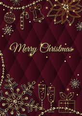 Greeting card design with snowflakes, copy space, symbols of Christmas. Elements are made of gold, bronze, silver jewelry chains. Deep red background with volume geometric rhombic grid.