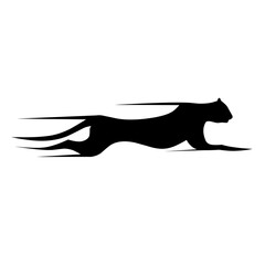 Vector silhouette of a running cheetah. World's fastest animal running to catch prey on white background. Great for logos about speed.
