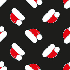 Seamless vector pattern. Cute red Christmas hats on black. Christmas background for festive designs, textile print, wrapping, paper decorations, decors, banners, cards, and invitations.