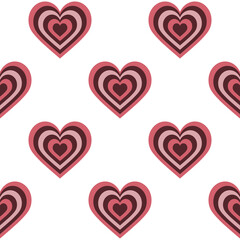 Hearts with brown and pink stripes on a white background. Seamless vector pattern. Illustration for creative modern designs, greeting cards, prints, designer packaging, textiles, packages.