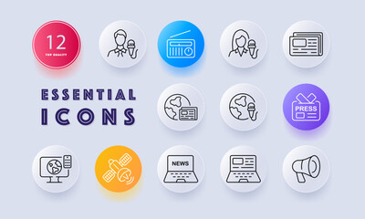 Breaking News set icon. Live, correspondent, presenter, journalist, radio microphone, tv, broadcast, television. Uncos concept. Neomorphism style. Vector line icon for Business and Advertising