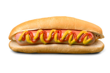 Tasty hot dog with mustard and ketchup on white background