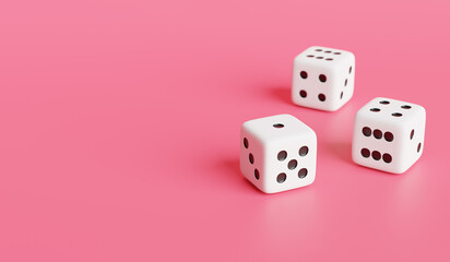 Three dice on soft pink background. Casino, betting, gambling addiction, concept of luck and random, 3d render