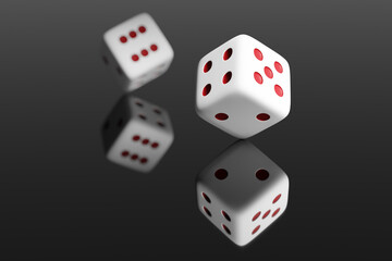 A pair of dice on dark metallic background. Casino, betting, gambling addiction, concept of luck and random, 3d render