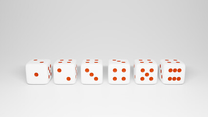 Sequence of six dice on isolated background. Casino, betting, gambling addiction, concept of luck and random, 3d render