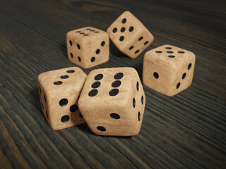 Wood bo bing dice on wooden background, 3d render. Chinese mooncake game, casino, betting, gambling addiction, concept of luck and random.