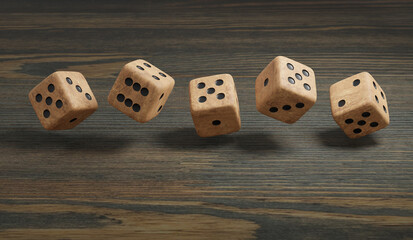 Wood bo bing dice on wooden background, 3d render. Chinese mooncake game, casino, betting, gambling addiction, concept of luck and random.