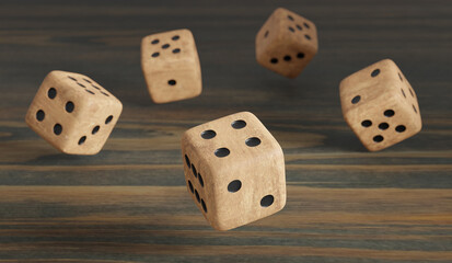 Wood bo bing dice on wooden background, 3d render. Chinese mooncake game, casino, betting, gambling addiction, concept of luck and random.