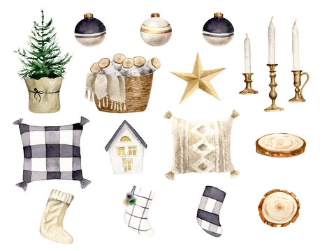 Christmas decoration elements in trendy farmhouse style. Watercolor holiday clipart. Winter illustration. Christmas tree, firewood basket, socks, xmas balls, candle, pillow, wooden tray. Neutral color