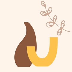 Vintage abstract set with vector boho ceramic vase. Vector illustration. Elegant decoration. Boho flat modern design