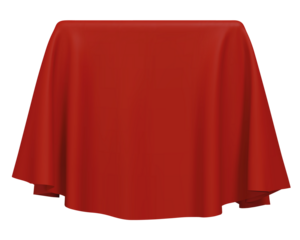 Red fabric covering a cube or rectangular shape, 
 transparent isolated png clipart. Can be used as a stand for product display, draped table. 