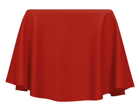 Red fabric covering a cube or rectangular shape, 
 transparent isolated png clipart. Can be used as a stand for product display, draped table. 