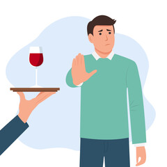Man standing refusing of glass of wine with raised hand. Healthy lifestyle and avoiding alcohol concept. Vector flat illustration - obrazy, fototapety, plakaty