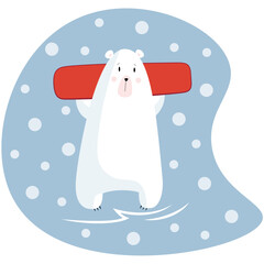 A polar bear stands with a red snowboard in its paws against the background of falling snow in a flat style. Animal logo or banner. Baby winter holidays greeting card. 