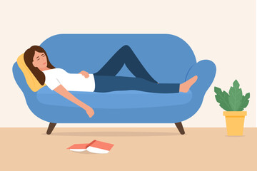 Young woman sleeping on sofa with fallen book.Weekend Recreation Concept.Vector illustration