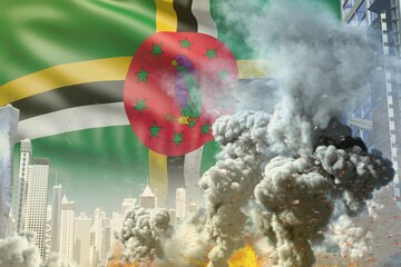 big smoke pillar with fire in abstract city - concept of industrial disaster or terrorist act on Dominica flag background, industrial 3D illustration
