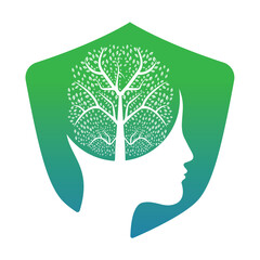 Female head with  brain tree logo concept. Organic brain  tree mind concept design.