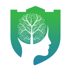Female head with  brain tree logo concept. Organic brain  tree mind concept design.
