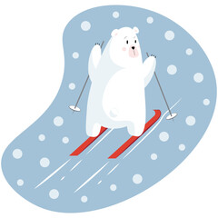 A polar bear runs cross-country skiing against the background of falling snow in a flat style. Animal logo or banner. Baby winter holidays greeting card.