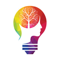 Female head with  brain tree logo concept. Organic brain  tree mind concept design.